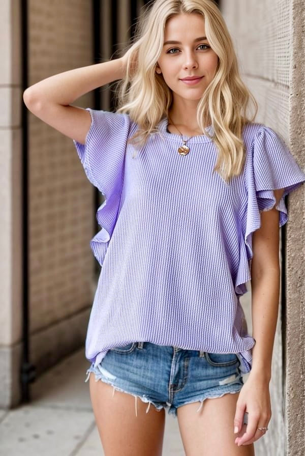 RUFFLED SOFT RIBBED TOP -LAVENDER