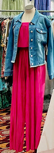HOT PINK STRAPLESS PLEATED JUMPSUIT
