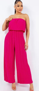 HOT PINK STRAPLESS PLEATED JUMPSUIT