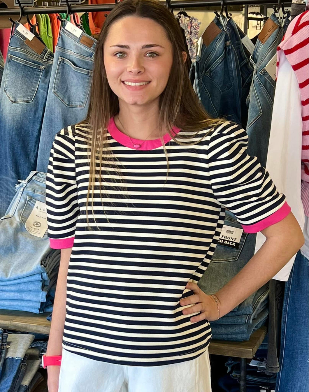 NAVY/WHITE STRIPED TOP W/PUFF SLEEVE